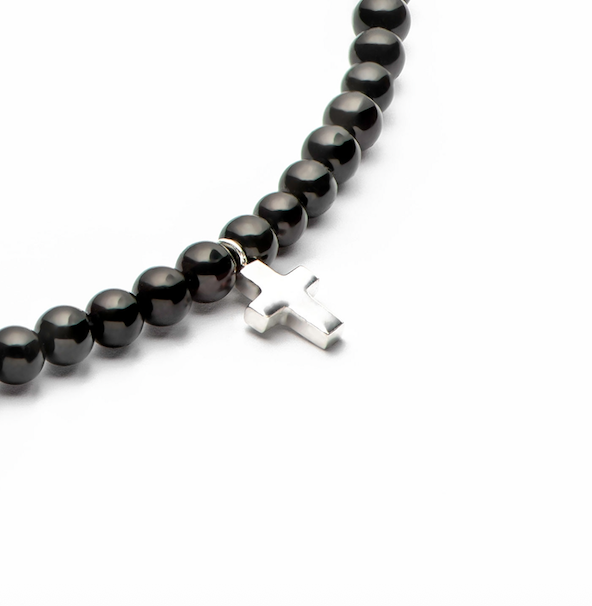 Boy Amber Silver Necklace - Cross - Black